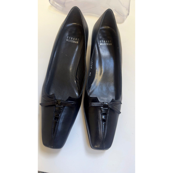 Stuart Weitzman Women's Pumps Leather Square Toe Bow Shoes Low‎ Heel Black 7M - Picture 10 of 11